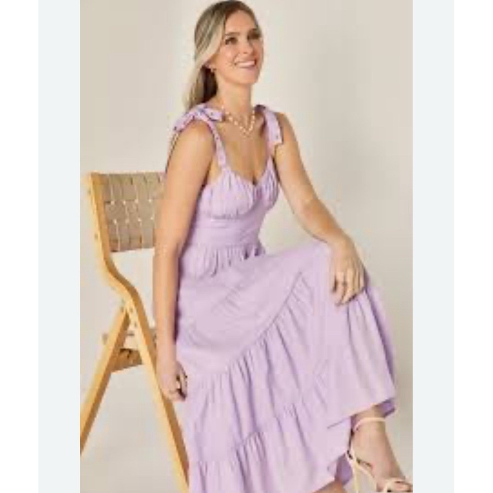 NWT Miami Francesca's Darla Ruffled Maxi Midi Tiered Tie Dress Lilac Spring SZ M